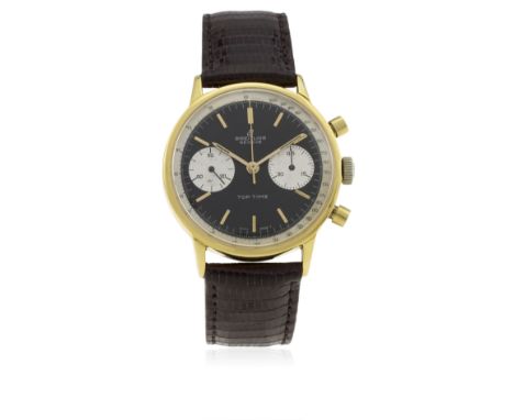 A GENTLEMAN'S GOLD PLATED BREITLING TOP TIME CHRONOGRAPH WRIST WATCH CIRCA 1960s, REF. 2000
D: Black &amp; silver dial with g