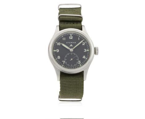 A GENTLEMAN'S STAINLESS STEEL BRITISH MILITARY ETERNA W.W.W.&nbsp;WRIST WATCH CIRCA 1940s 
D: Black dial with Arabic numerals