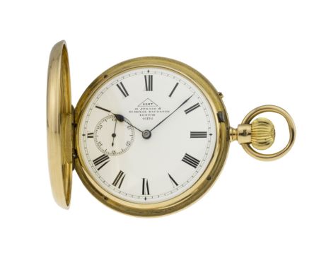 A RARE GENTLEMAN'S 18K SOLID GOLD ENGLISH FULL HUNTER POCKET WATCH BY DENT, LONDON CIRCA 1880
D: White enamel dial with Roman