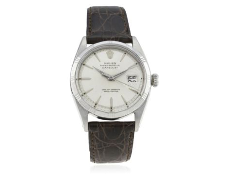 A RARE GENTLEMAN'S STAINLESS STEEL ROLEX OYSTER PERPETUAL DATEJUST WRIST WATCH CIRCA 1960, REF. 1603 
D: Silver dial with sil