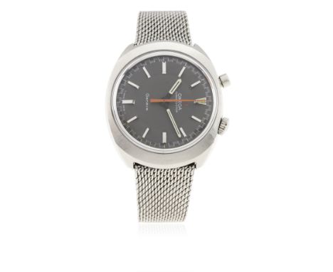 A GENTLEMAN'S STAINLESS STEEL OMEGA CHRONOSTOP DRIVERS BRACELET WATCH CIRCA 1967, REF. 145.010
D: Grey dial at 90 degree angl