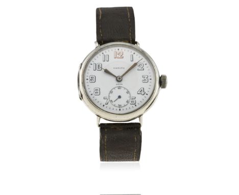 A GENTLEMAN'S SOLID SILVER ZENITH "OFFICERS" WRIST WATCH CIRCA 1920
D: White enamel dial with Arabic numerals, subsidiary sec