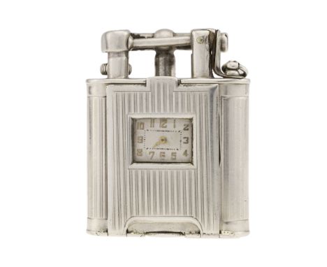 A RARE SOLID SILVER DUNHILL UNIQUE WATCH LIGHTER CIRCA 1927, REF. 293
D: Silver dial with gilt Arabic numerals &amp; inner mi