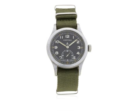 A GENTLEMAN'S BRITISH MILITARY VERTEX W.W.W.&nbsp;WRIST WATCH CIRCA 1940s 
D: Black dial with Arabic numerals, luminous marke