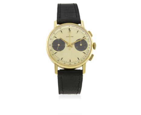 A RARE GENTLEMAN'S "NOS" 18K SOLID GOLD ZENITH CHRONOGRAPH WRIST WATCH CIRCA 1960s
D: Gold coloured dial with black inlaid gi