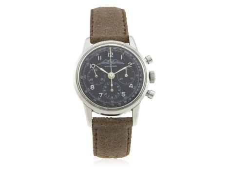 A RARE GENTLEMAN'S STAINLESS STEEL WAKMANN AOPA PILOTS CHRONOGRAPH WRIST WATCH CIRCA 1961
D: Black dial with white Arabic num