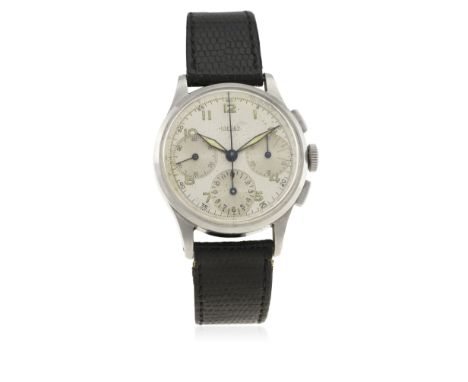 A RARE&nbsp;GENTLEMAN'S STAINLESS STEEL JAEGER CHRONOGRAPH WRIST WATCH CIRCA 1945, REF. 5184 WITH JLC BOX &amp; ARCHIVE PAPER