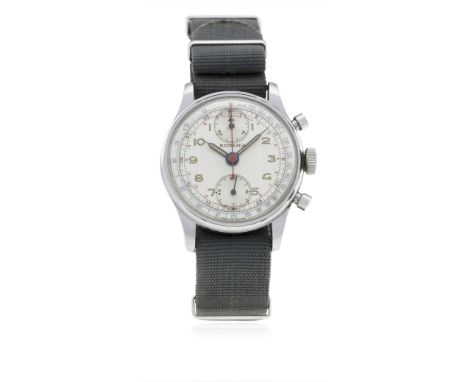 A GENTLEMAN'S STAINLESS STEEL RODANA "UP &amp; DOWN" CHRONOGRAPH WRIST WATCH CIRCA 1950
D: Silver dial with luminous Arabic n