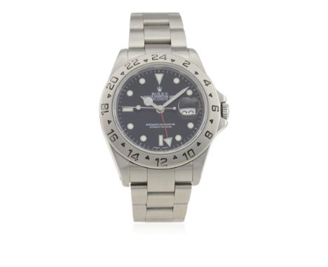 A GENTLEMAN&rsquo;S STAINLESS STEEL ROLEX OYSTER PERPETUAL DATE EXPLORER II BRACELET WATCH CIRCA 2002, REF. 16570
D: Black di