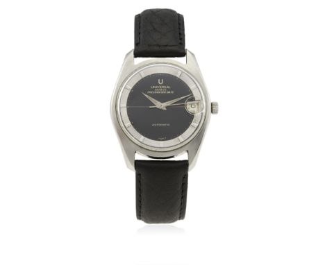 A GENTLEMAN'S STAINLESS STEEL UNIVERSAL GENEVE POLEROUTER DATE WRIST WATCH CIRCA 1960s
D: Gloss black dial, steel surround wi