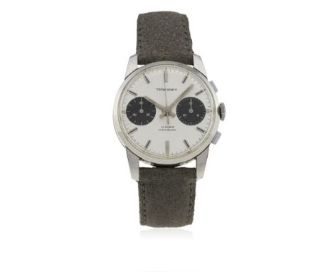 A GENTLEMAN'S TENEXACT CHRONOGRAPH WRIST WATCH CIRCA 1960s
D: Silver "panda" dial with black inlaid silver batons, double reg