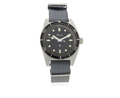 A RARE GENTLEMAN'S STAINLESS STEEL BRITISH MILITARY PRECISTA ROYAL NAVY DIVERS WRIST WATCH DATED 1982
D: Black dial with trit