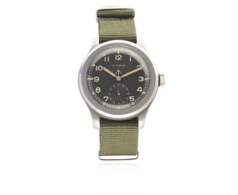 A GENTLEMAN'S STAINLESS STEEL BRITISH MILITARY CYMA W.W.W.&nbsp;WRIST WATCH CIRCA 1940s 
D: Black dial with Arabic numerals, 