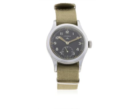 A GENTLEMAN'S BRITISH MILITARY LEMANIA W.W.W.&nbsp;WRIST WATCH CIRCA 1940s WITH "L" CASE
D: Black dial with Arabic numerals, 