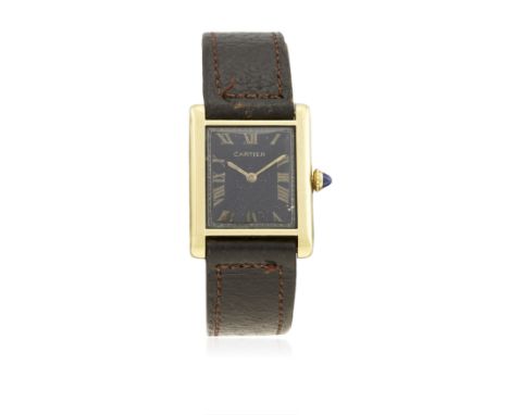 A FINE &amp; RARE GENTLEMAN'S 18K SOLID GOLD CARTIER TANK WRIST WATCH CIRCA 1950, REF. 100365
D: Black dial with gilt Roman n