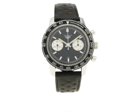 A RARE GENTLEMAN'S STAINLESS STEEL HEUER AUTAVIA CHRONOGRAPH WRIST WATCH CIRCA 1970, REF. 7763C&nbsp;

D: Black dial with par