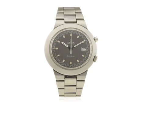 A GENTLEMAN'S STAINLESS STEEL OMEGA GENEVE CHRONOSTOP "JUMBO" BRACELET WATCH CIRCA 1970s, REF. 146.012
D: Grey "racing" dial 