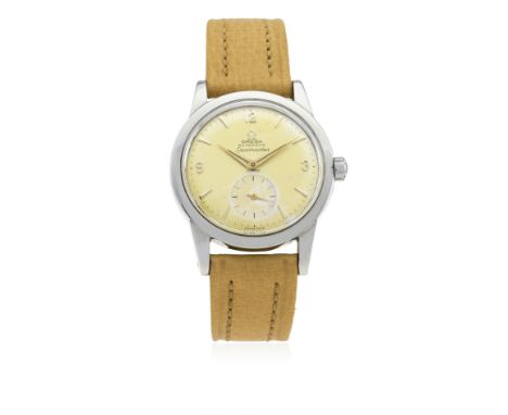 A GENTLEMAN'S STAINLESS STEEL OMEGA SEAMASTER AUTOMATIC WRIST WATCH CIRCA 1950, REF. 2576-13 WITH "CITRUS" PATINA
D: Silver d