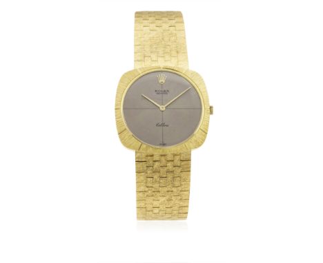 A GENTLEMAN'S 18K SOLID GOLD ROLEX CELLINI BRACELET WATCH CIRCA 1966, REF. 3677
D: Grey sunburst cross hair dial with gilt ha