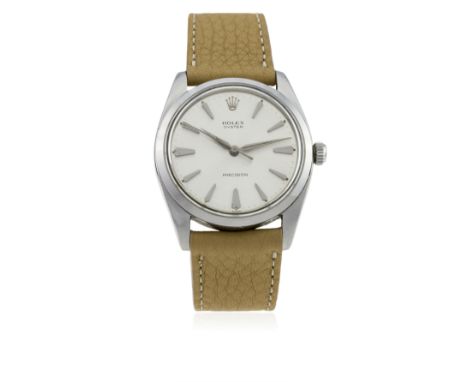 A RARE GENTLEMAN'S LARGE SIZE STAINLESS STEEL ROLEX OYSTER PRECISION WRIST WATCH CIRCA 1954, REF. 6424 
D: Silver dial with f