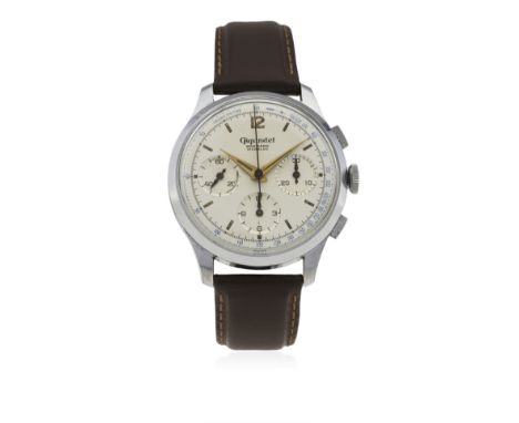 A RARE GENTLEMAN'S LARGE SIZE GIGANDET WAKMANN CHRONOGRAPH WRIST WATCH CIRCA 1950s
D: Silver dial with luminous markers &amp;