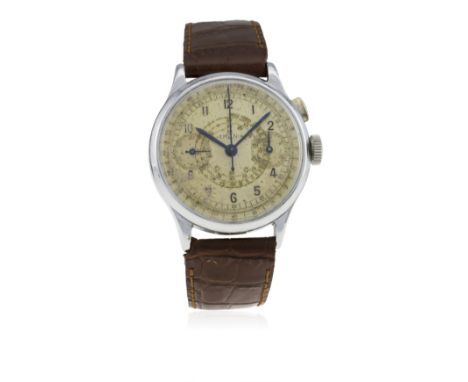 A GENTLEMAN'S LARGE SIZE CHROME CASED LEMANIA SINGLE BUTTON CHRONOGRAPH WRIST WATCH CIRCA 1930s&nbsp;
D: Silver dial with Ara