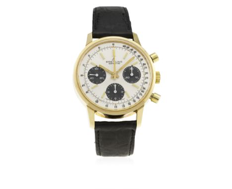 A RARE GENTLEMAN'S "NOS" GOLD PLATED BREITLING "LONG PLAYING" CHRONOGRAPH WRIST WATCH CIRCA 1970s, REF. 815
D: Silver "panda"