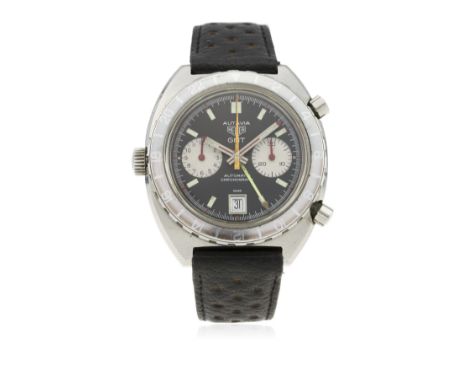 A RARE GENTLEMAN'S STAINLESS STEEL HEUER AUTAVIA GMT AUTOMATIC CHRONOGRAPH WRIST WATCH DATED 1972, REF. 1163 WITH ORIGINAL BO