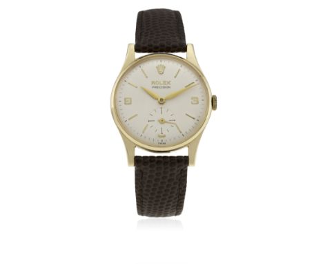 A GENTLEMAN'S 9CT SOLID GOLD ROLEX PRECISION WRIST WATCH CIRCA 1966
D: Silver dial with gilt batons &amp; Arabic numerals, "d