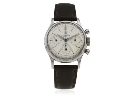 A RARE GENTLEMAN'S STAINLESS STEEL UNIVERSAL GENEVE COMPAX CHRONOGRAPH WRIST WATCH CIRCA 1950s, REF. 22278
D: Silver dial wit