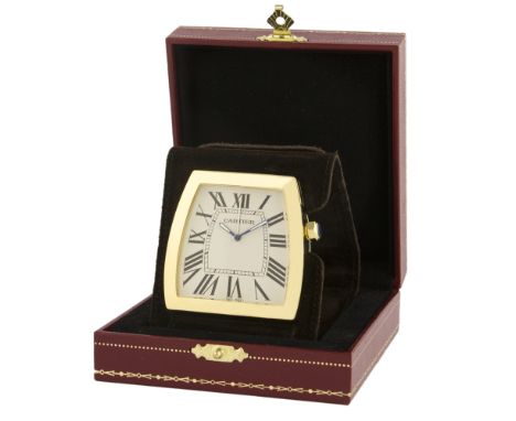 A CARTIER LA DONA TRAVEL ALARM DESK CLOCK CIRCA 2011, REF. 2985 WITH BOX &amp; PAPERS
D: Silver dial with Roman numerals, sec