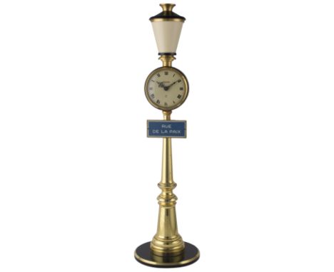 A JAEGER 8 DAY RUE DE LA PAIX "STREET LAMP" DESK CLOCK CIRCA 1960s 
D: Ivory colour dial with Roman numerals, original fleur-