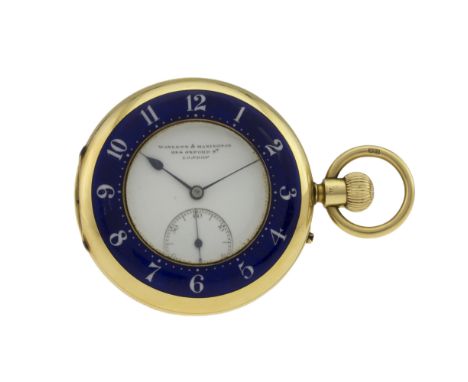 A GENTLEMAN'S 18K SOLID GOLD ENGLISH HALF HUNTER POCKET WATCH BY WAYLETT &amp; MANNINGTON, LONDON CIRCA 1890
D: White enamel 