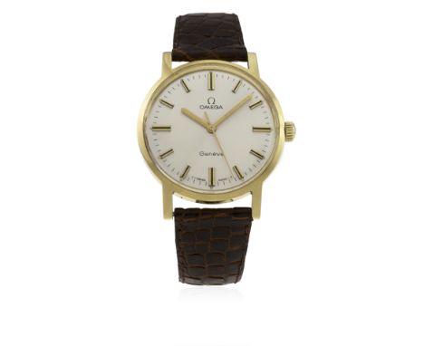 A GENTLEMAN'S 18K SOLID GOLD OMEGA GENEVE WRIST WATCH CIRCA 1973, REF. 135-070&nbsp;
D: Silver dial with black inlaid gilt ba
