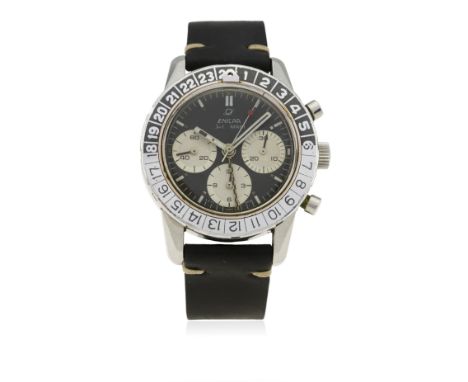 A RARE GENTLEMAN'S STAINLESS STEEL ENICAR JET GRAPH GMT CHRONOGRAPH WRIST WATCH CIRCA 1969, REF. 072-02-02 A
D: Black dial wi