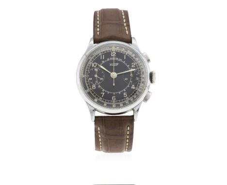 A RARE GENTLEMAN'S LARGE SIZE TISSOT CHRONOGRAPH WRIST WATCH CIRCA 1930s &nbsp;
D: Gloss black dial with gilt Arabic numerals