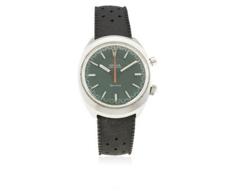 A RARE GENTLEMAN'S STAINLESS STEEL OMEGA CHRONOSTOP WRIST WATCH CIRCA 1968, REF. 145.009
D: Green dial with silver batons &am