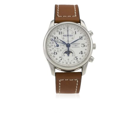 A GENTLEMAN'S STAINLESS STEEL LONGINES MASTER COLLECTION AUTOMATIC MOONPHASE TRIPLE CALENDAR CHRONOGRAPH WRIST WATCH DATED 20