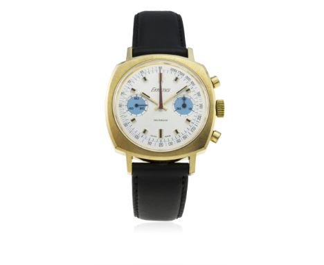 A GENTLEMAN'S GOLD PLATED EXACTUS CHRONOGRAPH WRIST WATCH CIRCA 1970, REF. 1008 
D: Silver dial with black inlaid gilt marker