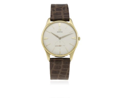 A GENTLEMAN'S 9CT SOLID GOLD OMEGA WRIST WATCH CIRCA 1958, REF. 2962
D: Silver dial with gilt batons &amp; quarterly faceted 