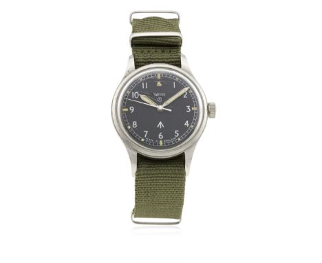 A GENTLEMAN'S STAINLESS STEEL BRITISH MILITARY SMITHS WRIST WATCH DATED 1968 
D: Black dial with Arabic numerals &amp; tritiu