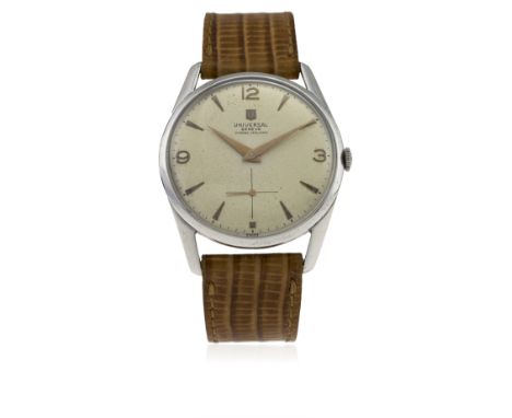 A RARE GENTLEMAN'S LARGE SIZE STAINLESS STEEL UNIVERSAL GENEVE WRIST WATCH CIRCA 1950s, REF. 312304/3 RETAILED BY GOBBI, MILA