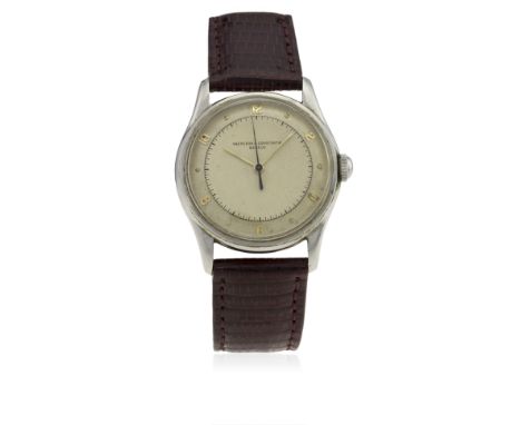 A RARE GENTLEMAN'S STAINLESS STEEL VACHERON &amp; CONSTANTIN WRIST WATCH CIRCA 1950s
D: Two tone silver dial with bi-hourly g