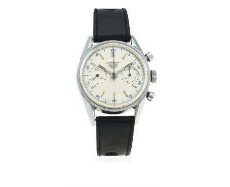 A RARE GENTLEMAN'S STAINLESS STEEL HEUER CARRERA DECIMAL CHRONOGRAPH WRIST WATCH CIRCA 1960s, REF. 3647D
D: Two tone silver d