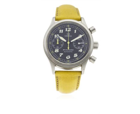 A GENTLEMAN'S STAINLESS STEEL OMEGA DYNAMIC AUTOMATIC CHRONOGRAPH WRIST WATCH CIRCA 1998, REF. 175.0310
D: Black dial with lu