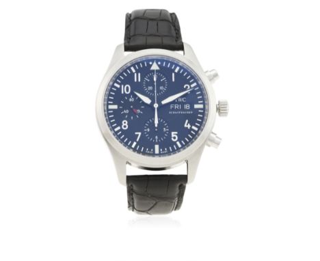 A GENTLEMAN'S STAINLESS STEEL IWC FLIEGERUHR CHRONOGRAPH WRIST WATCH CIRCA 2010, REF. 3717
D: Black dial with Arabic numerals