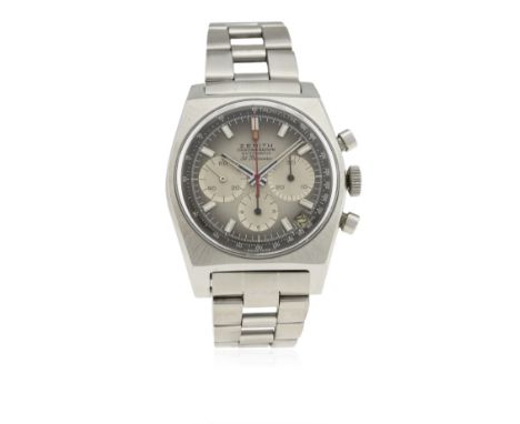 A RARE GENTLEMAN'S STAINLESS STEEL ZENITH EL PRIMERO AUTOMATIC CHRONOGRAPH BRACELET WATCH CIRCA 1969, REF. A385
D: Grey "smok