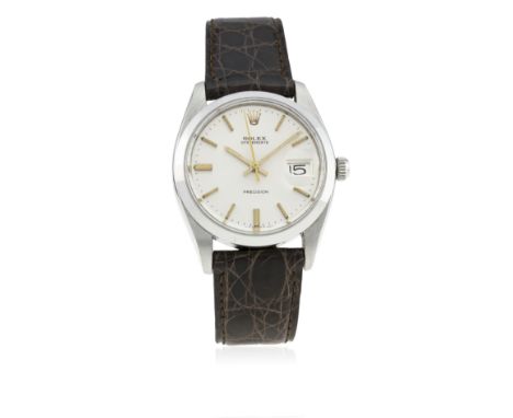 A GENTLEMAN'S STAINLESS STEEL ROLEX OYSTERDATE PRECISION WRIST WATCH CIRCA 1960, REF. 6694&nbsp;
D: Silver dial with gilt bat