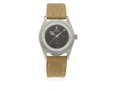 A RARE GENTLEMAN'S STAINLESS STEEL UNIVERSAL GENEVE POLEROUTER WRIST WATCH CIRCA 1960s WITH "BROAD ARROW" HANDS&nbsp;
D: Blac