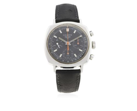 A RARE GENTLEMAN'S STAINLESS STEEL HEUER CAMARO CHRONOGRAPH WRIST WATCH CIRCA 1960s, REF. 73643 WITH "CHOCOLATE" DIAL
D: Blac